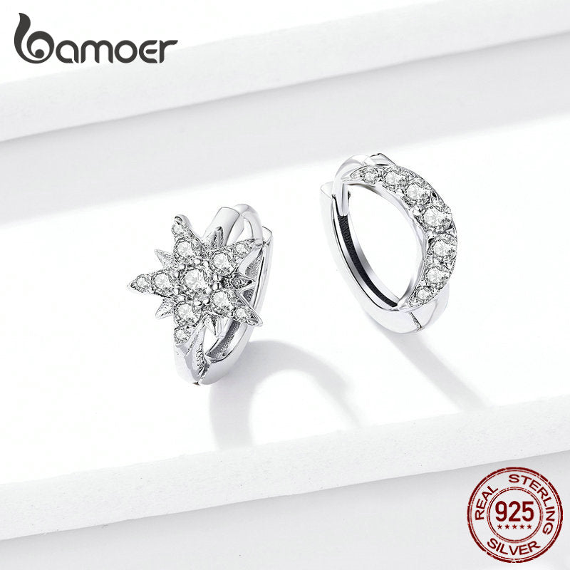 bamoer Silver 925 Jewelry Star and Moon Hoop Earrings for Women Sterling Silver 925 Anti-allergy Fine Jewelry Gifts BSE289