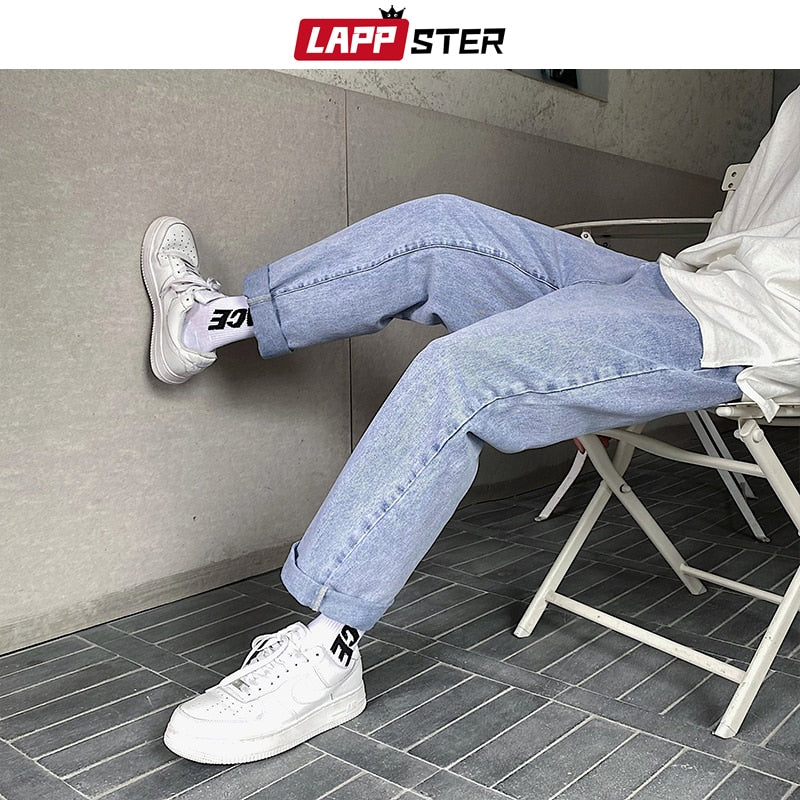 LAPPSTER Herren Graue Streetwear Baggy Jeans 2022 Herren Kpop Solid Denim Hose Paar Hohe Taille Vintage Übergroße Joggerhose