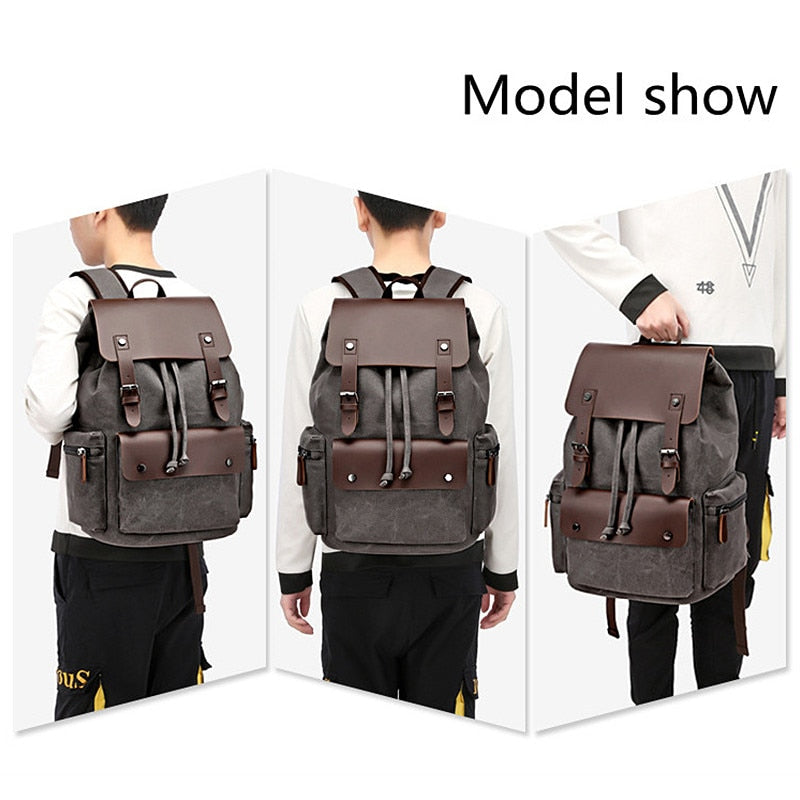 Fashion Canvas Backpack Bag Men Large Capacity Suit 17 Inch Laptop Drawstring Leather Cover Travel Rucksack Student Bookbag 2021