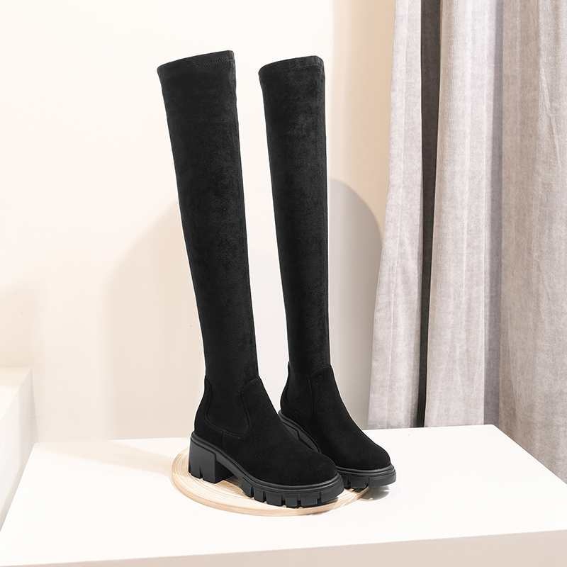 Krazing Pot, botas por encima de la rodilla elásticas de cuero de vaca de gran tamaño, plataforma, punta redonda, tacones altos, invierno, mujeres, botas cálidas hasta el muslo