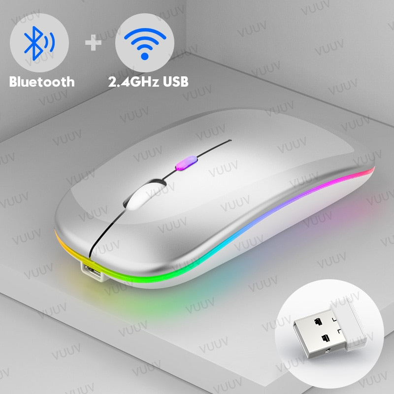 Kabellose Bluetooth-Maus für Computer, PC, Laptop, iPad, Tablet, MacBook mit RGB-Hintergrundbeleuchtung, ergonomische, leise, wiederaufladbare USB-Maus