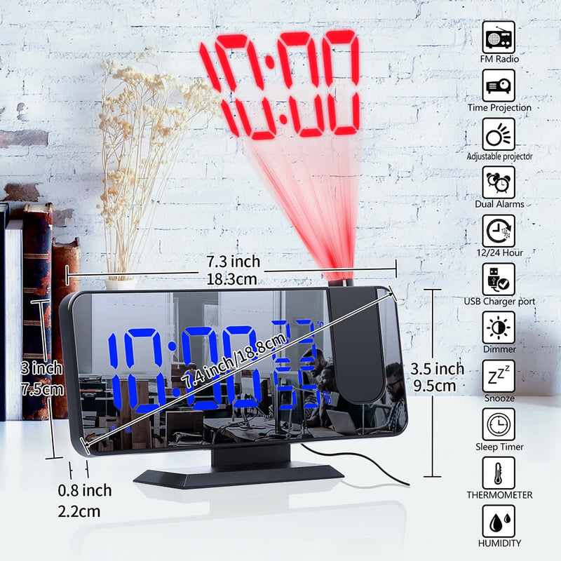 Despertador Digital LED de 3 colores, proyección de Radio con reloj de espejo de temperatura y humedad, pantalla de tiempo de cabecera multifuncional