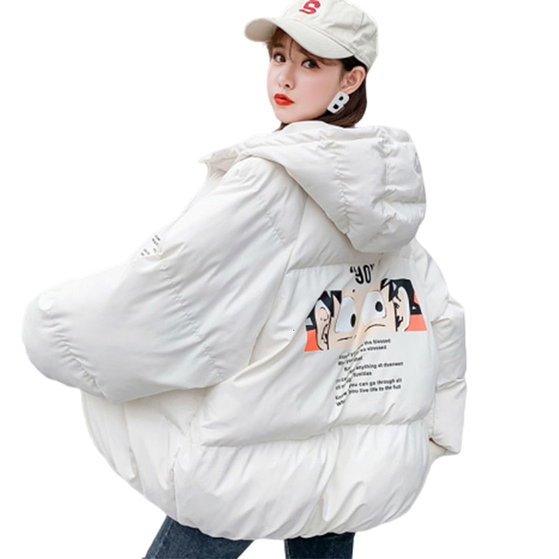 Winter Jacket Women Casual Outwear Harajuku Youthful Childhood Anime Printing Boyfriend Loose Warm Bread Coat Cotton Parka