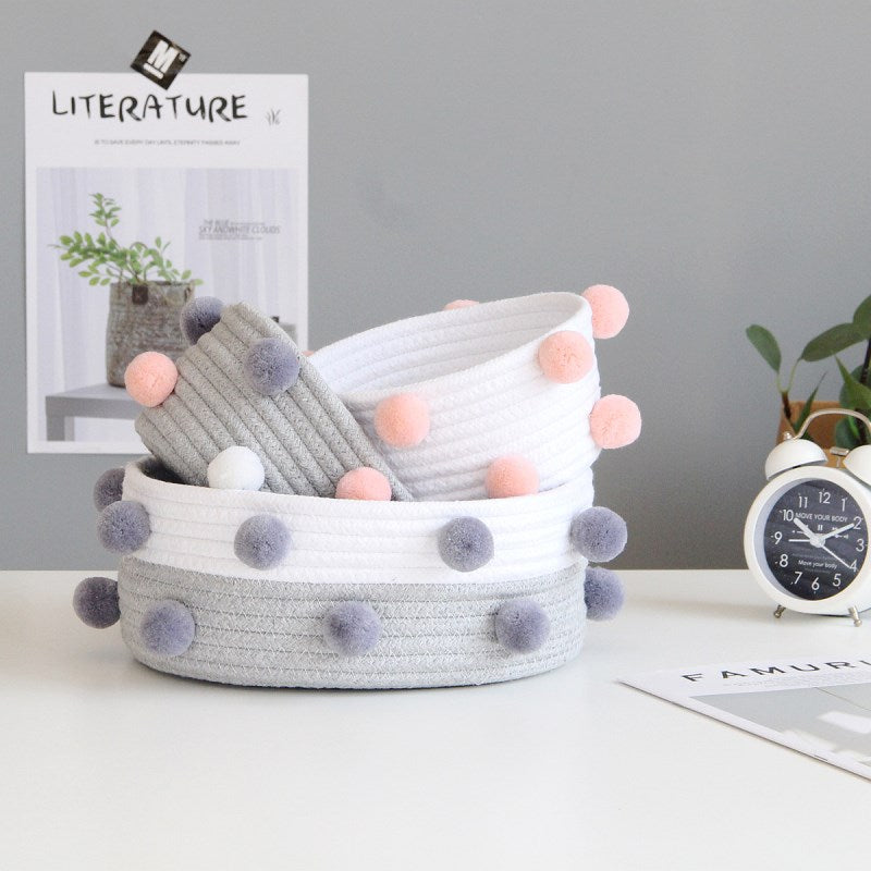 INS Pompom Baumwollseil-Aufbewahrungskörbe, handgefertigt, gewebt, schmutzige Kleidung, Wäschekorb, Kinderspielzeug, Schreibtisch-Sundries-Organizer