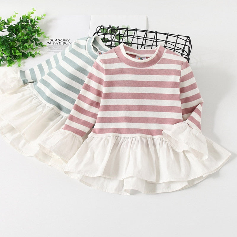 2021 Spring Fashion 2-10 Years Kids Child Tees Tops O-Neck Long Sleeve Stripe Lace Patchwork Cotton Autumn Baby Girls T-Shirts