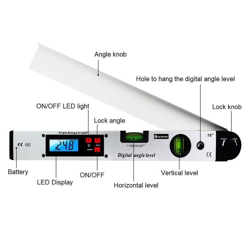 0-225 Grad Digital Angle Level Meter Gauge 400 mm 16 Zoll elektronischer Winkelmesser versandkostenfrei