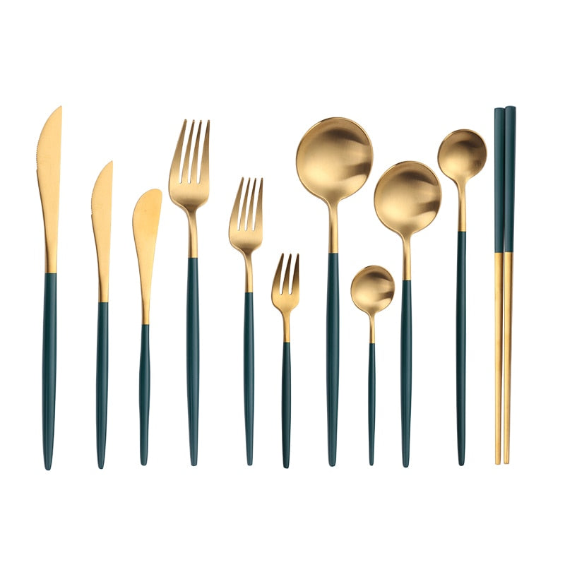 4Pcs Stainless Steel Green Gold Cutlery Dinnerware Set Chopsticks Butter Knife Dessert Spoon Dinner Fork Tea Spoon Tableware Set