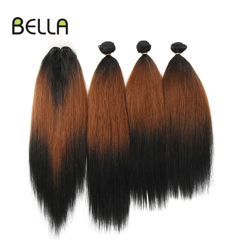 Mechones de pelo liso Yaki mechones Ombre pelo sintético 4 unids/pack 18-22 pulgadas 245g mechones con cierre BELLA extensiones de cabello tejido