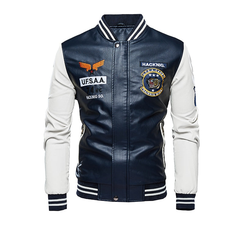 Chaqueta Bomber de cuero para hombre, chaquetas de béisbol, abrigo de piel sintética para motorista, chaqueta de lana para piloto universitario, parte superior de cuero para universidad, motocicleta ajustada negra