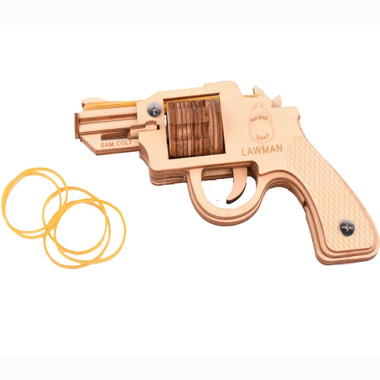 Juego de montaje de artesanía en madera con pistola de rompecabezas de madera 3D de corte de banda de goma semiautomática, juguetes de madera para revólver, pistolas de juguete para niños