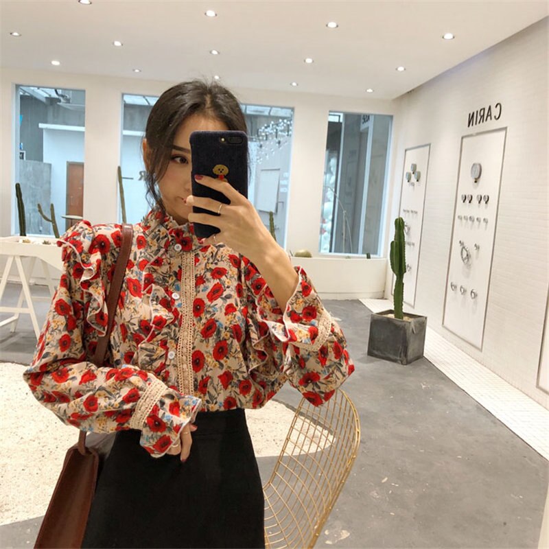 Alien Kitty plisado floral Stand femenino ahueca hacia fuera Chic 2020 All-match Sweet Flare mangas mujeres blusas sueltas de oficina para mujer