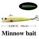 Duro/luminoso/falso/Kit de cebo artificial Wobbler caja de aparejos Minnow Popper manivela lápiz Vib invierno 5 uds juego de Señuelos de pesca nocturna
