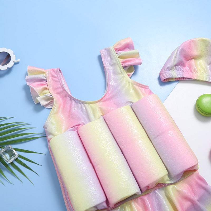 Kids Baby Girl Buoyancy Float Swimsuit With Skitt UV Protection UPF50+ Children Swimwear Baby Learning Swim Dress Bathing Suit