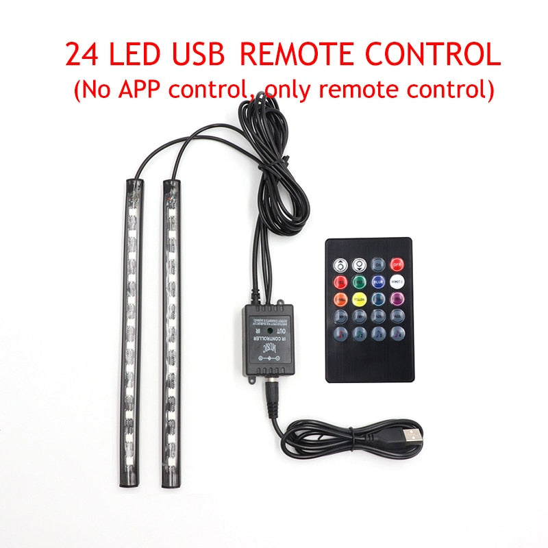 Luz LED para pie de coche, lámpara ambiental, aplicación USB, Control remoto de música, múltiples modos, luces decorativas interiores automotrices