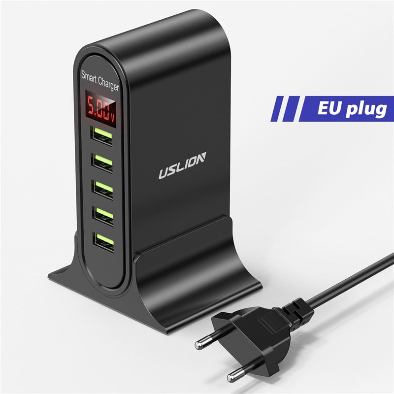 USLION USB Charger 5 Port LED Display Multi USB Phone Desktop EU US UK Plug With Digital Display Travel Wall Charger Adapter