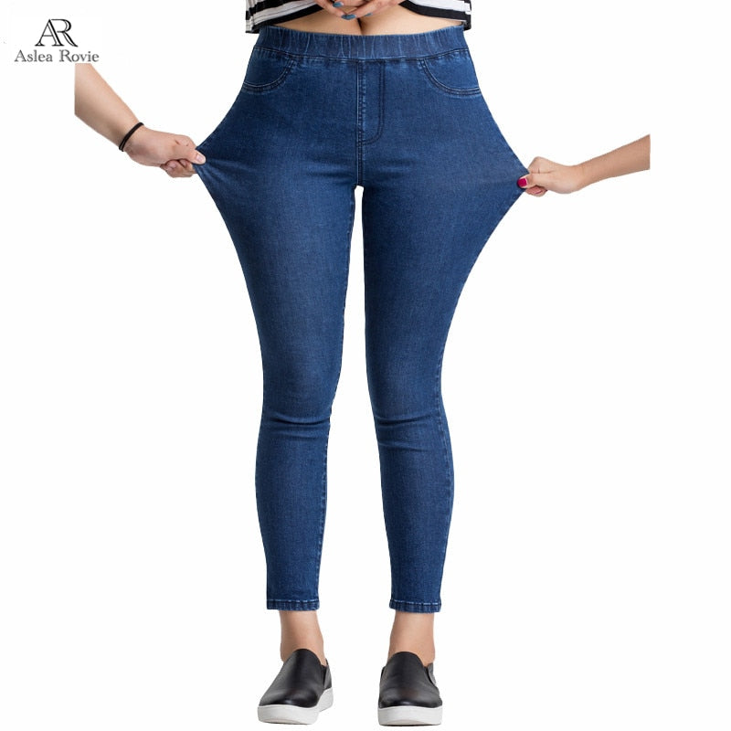 Damen Jeans Casual Hohe Taille Sommer Herbst Hose Dünne Stretch Baumwolle Denim Hose Für Frau Blau Schwarz 100kg