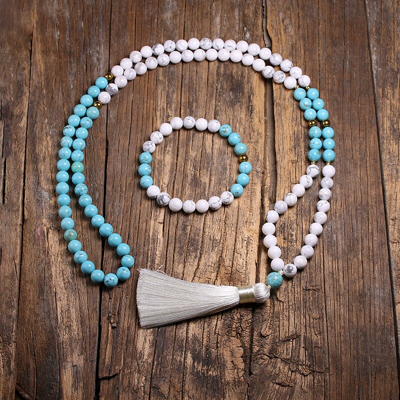 Cuentas de piedra de howlita blanca Natural de 8mm y pulsera de turquesa azul para mujeres y hombres, conjuntos de collar, joyería de cuentas de meditación 108 Mala