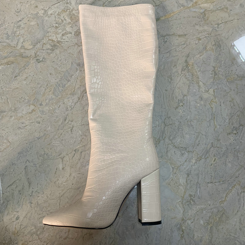 Botas hasta la rodilla de piel sintética para mujer, zapatos de tacón grueso largo con punta en pico, talla 41 42 43, para invierno, 2022