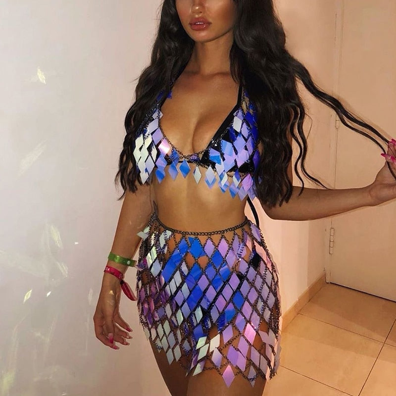 Glisten Rhombic Sequins Two Piece Set Hollow Out Metal Chain Crop Tops Sexy Mini Skirt Summer Rave Festival Lady Outfits