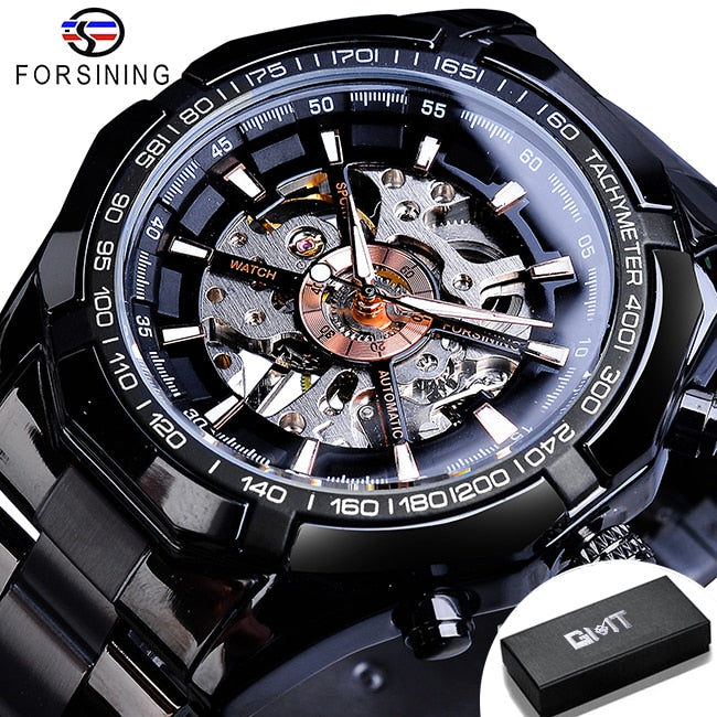 Forsining 2021 Stainless Steel Waterproof Mens Skeleton Watches Top Brand Luxury Transparent Mechanical Sport Male Wrist Watches