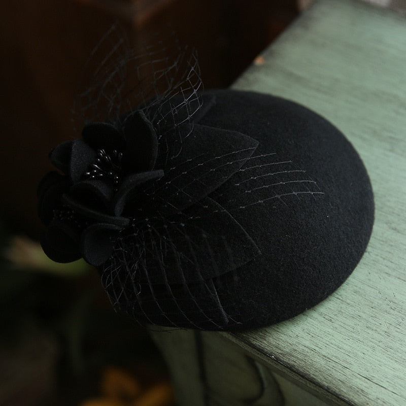 Sombrero Fedora de lana pura Vintage, sombrero de malla con flores para mujer, sombrero elegante para mujer, sombrero pastillero de otoño