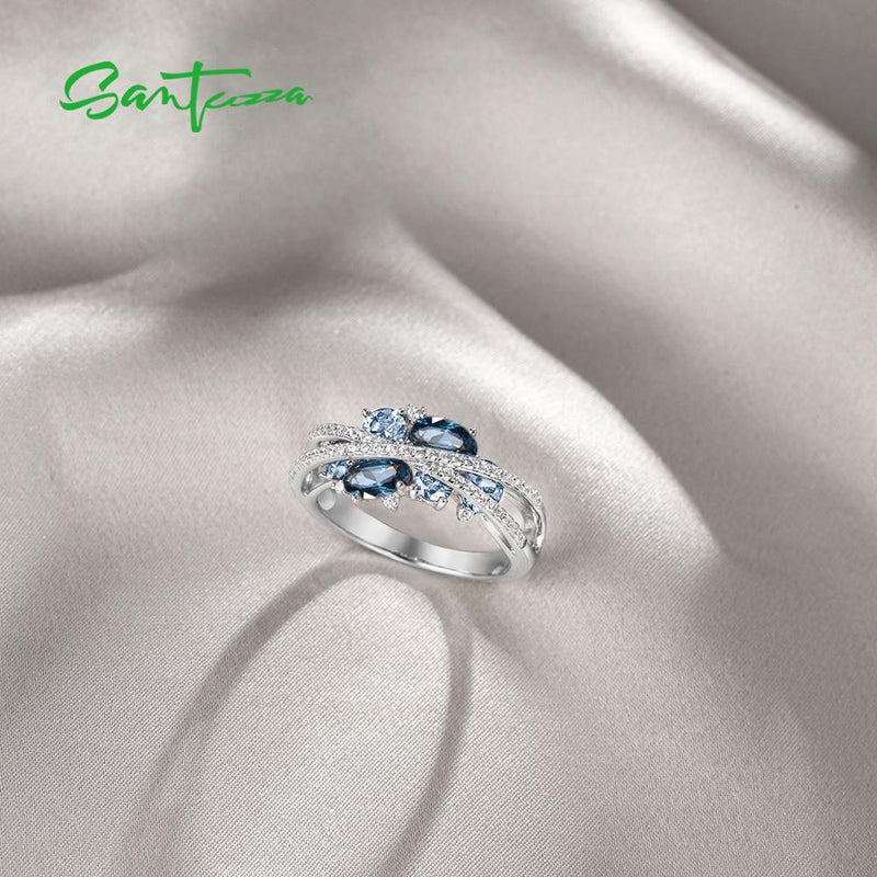 Anillos de plata SANTUZZA para mujer, Plata de Ley 925 auténtica, Zirconia cúbica de espinela azul brillante, joyería fina de lujo a la moda