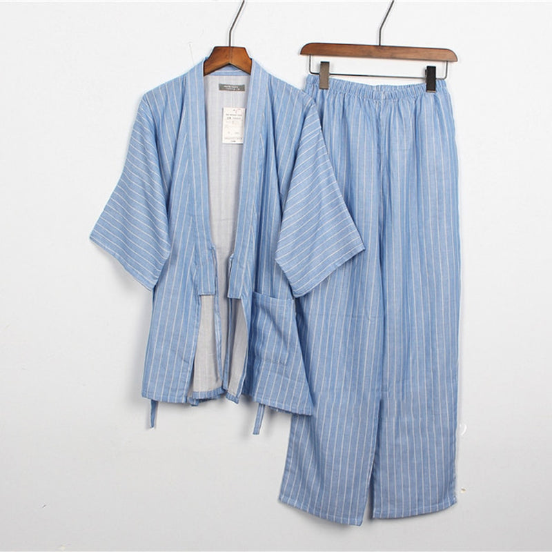 Kimono japonés de algodón, ropa de dormir para hombres samurái, camisetas Haori + Pantalones, conjunto de ropa, pijama Yukata tradicional, camisón Jinbei