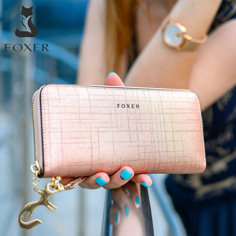 FOXER Women Split Leather Wallet Bifold Clutch Bag with Wristlet Fashion Card Holder Coin Purse Cellphone Bag Female Money Bag