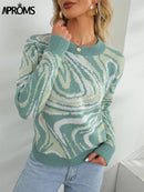 Aproms Elegant Green Tie Dye Knitted Sweater and Pullovers Women 2022 Winter Long Sleeve Warm Ribbed Jumper Female Slim Top
