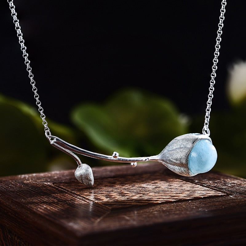 Lotus Fun Real 925 Sterling Silver Natural Stone Handmade Designer Fine Jewelry Elegant Lotus Buds Necklace for Women