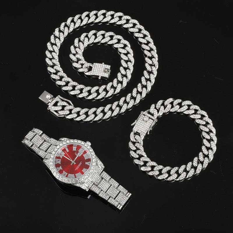 Hip Hop 13MM 3PCS KIT Reloj + Collar + Pulsera Bling Crystal AAA + Iced Out Cadena cubana Cadenas de diamantes de imitación para Mujeres Hombres Joyería