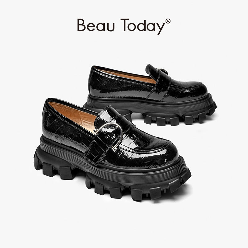 BeauToday Platform Shoes Women Patent Leather Flats Alligator Pattern Round Toe Buckle Decoration Ladies Slip On Handmade 27738