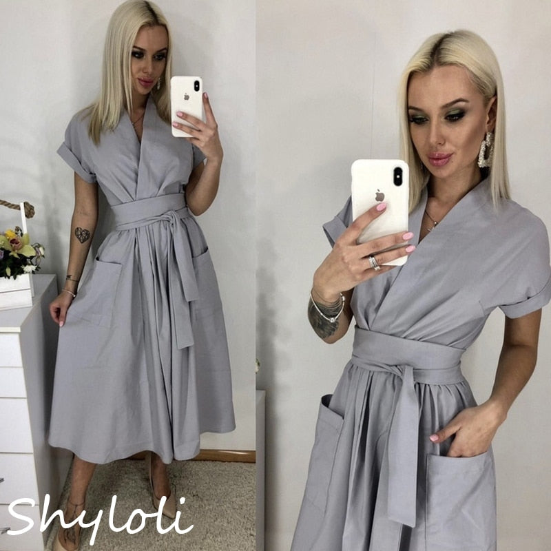 Office Lady Women Casual Sashes A-Line Dress Ladies Short Sleeve V-Neck Summer Dress 2022 Fashion Midi Party Dress Vestidos