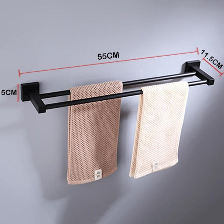 55CM Matte Black Double Towel Bars Bathroom Towel Hanger Space Aluminum Bathroom Accessories Towel Rack Towel Ring  Toilet Brush