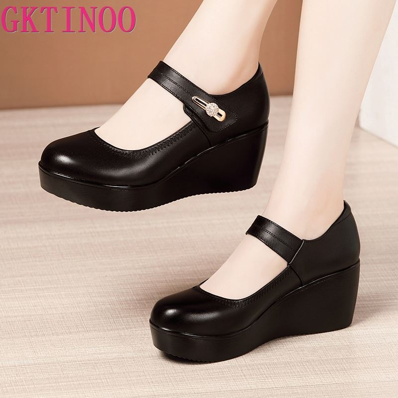 GKTINOO 2022 Spring Leather Shoes Women Platform Wedges Shoe High Heels Round Toe Comfortable Black Women Pumps Large Size 33-43