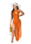 JRRY Long Tassels Knitted Cover Ups Vestidos Halter String Back Crochet Vestido de playa Hasta el tobillo Patrón sólido Punto Ropa al aire libre
