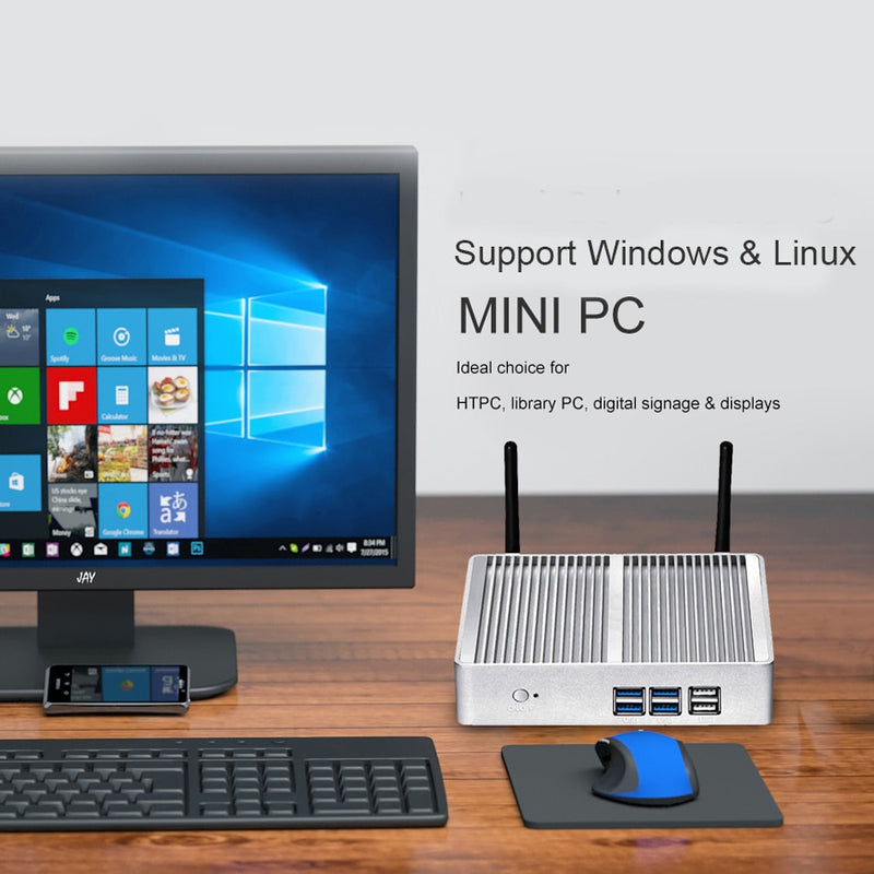 BEBEPC Lüfterloser Mini-PC Computer HTPC Windows 10 Pro Intel Core i5 5200U/4200U Celeron DDR3L WiFi HD USB Office Descktop Minipc