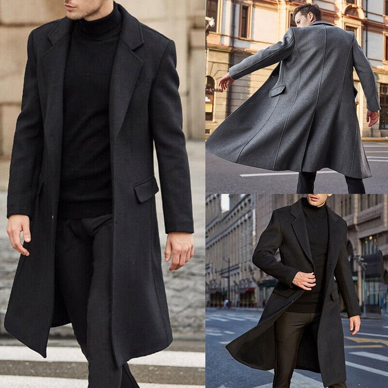 Autumn Winter Mens Wool Coat Solid Long Sleeve Woolen Jackets Fleece Men Overcoat Streetwear Fashion Long Trench Coat Outerwear