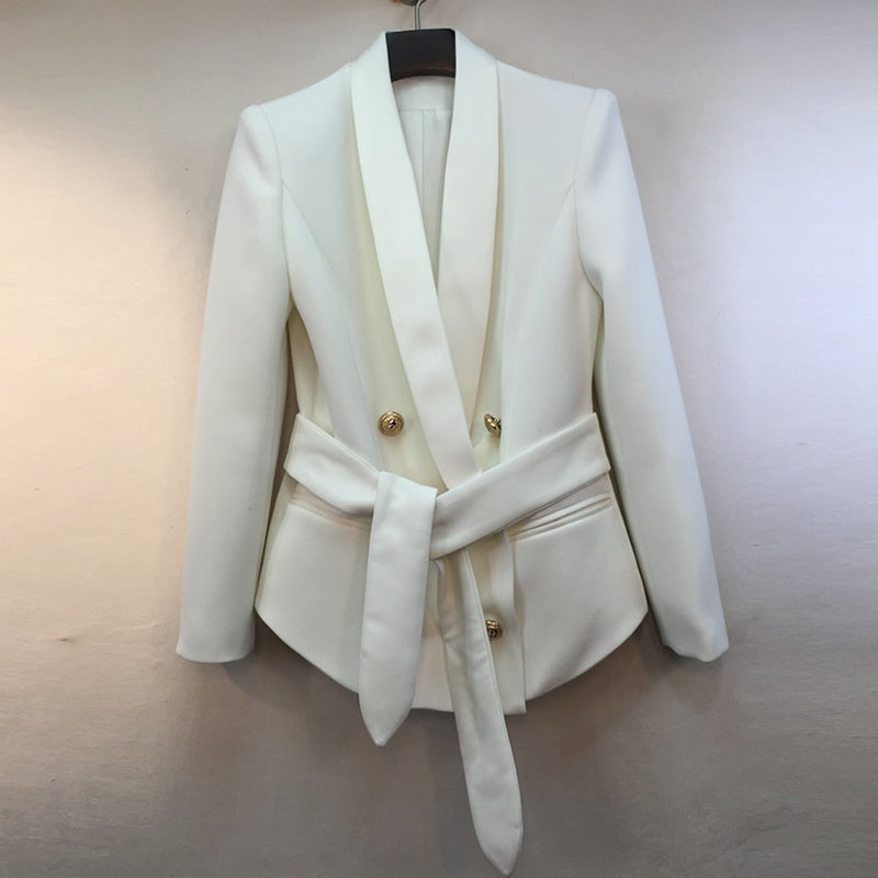 Chaqueta elegante de carrera con estilo de excelente calidad para mujer, cuello chal, botones de león, cinturón con cordones, chaqueta Blazer