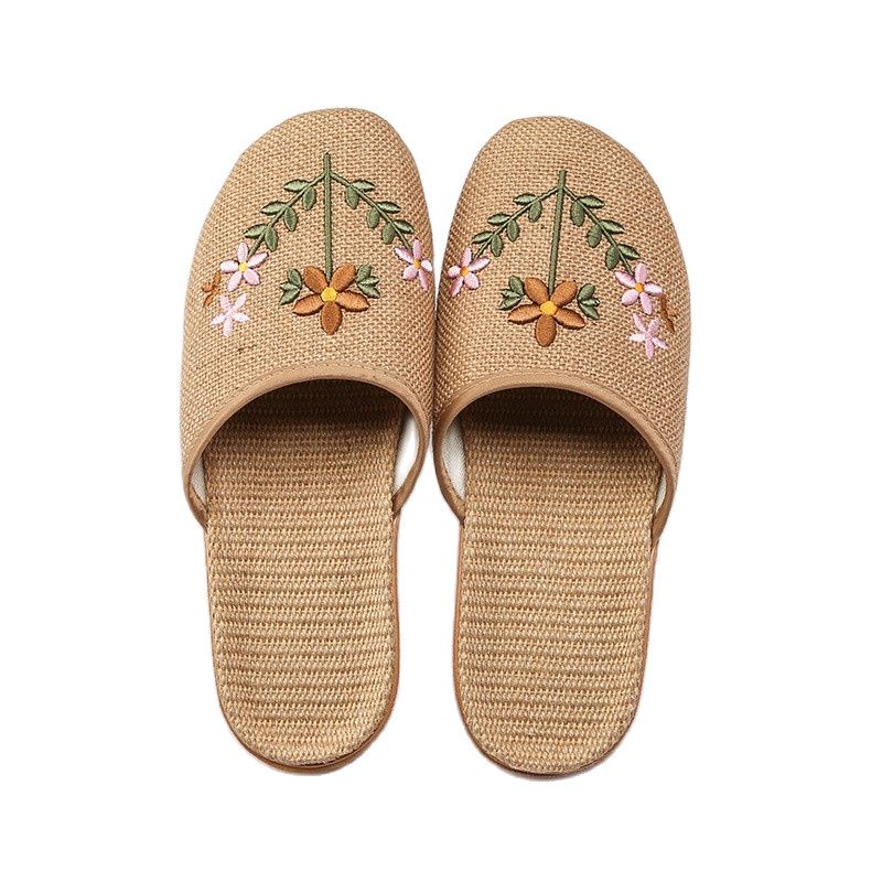 Suihyung New Women Breathable Flax Indoor Slippers Embroider Floral Linen Home Slip On Ladies Summer Non-Slip Fat Beach Shoes