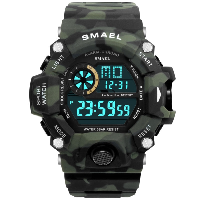 Herrenuhr 50m Wasserdicht SMAEL Luxusuhr Herren LED Leuchtende Uhren Camouflage Uhrenarmband 1385C Digitale Armbanduhren Militär