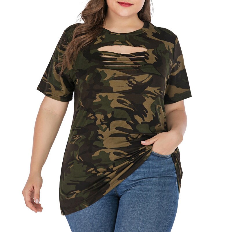 Plus Size Ripped Hollow Out Camouflage Printing Tees 3XL 4XL Women Summer Streetwear Lace Up Short Sleeve T-Shirts Tops