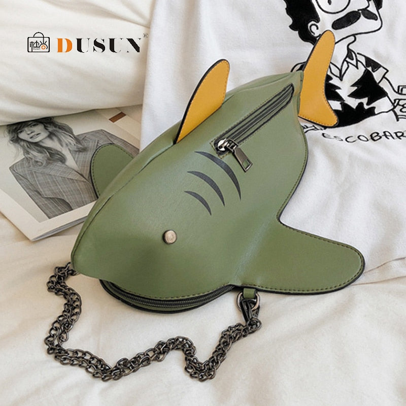 Fashion Shark Shaped Chains Crossbody Bag for Women School Bag Funny PU Leather Cartoon Shoulder Bags Lady Handbag Brands Sac