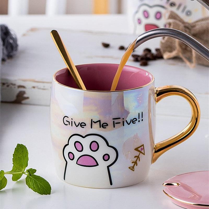 Taza de gato de cerámica de dibujos animados con tapa y cuchara, tazas de leche de café, taza de desayuno creativa bonita, regalo de cumpleaños de boda para el Día de San Valentín