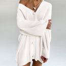 MUICHES Casual V-Ausschnitt Einreiher Pullover Frau Laterne Ärmel Perle Knopf Solide Übergroße Strickjacke 2021 Neue Mode