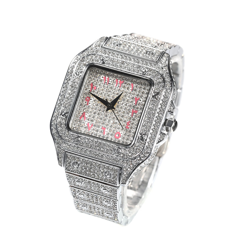 Hip Hop Full Iced Out Full Drill Men Square Watches Stainless Steel Fashion Luxury Rhinestones Quartz Square Business Watch