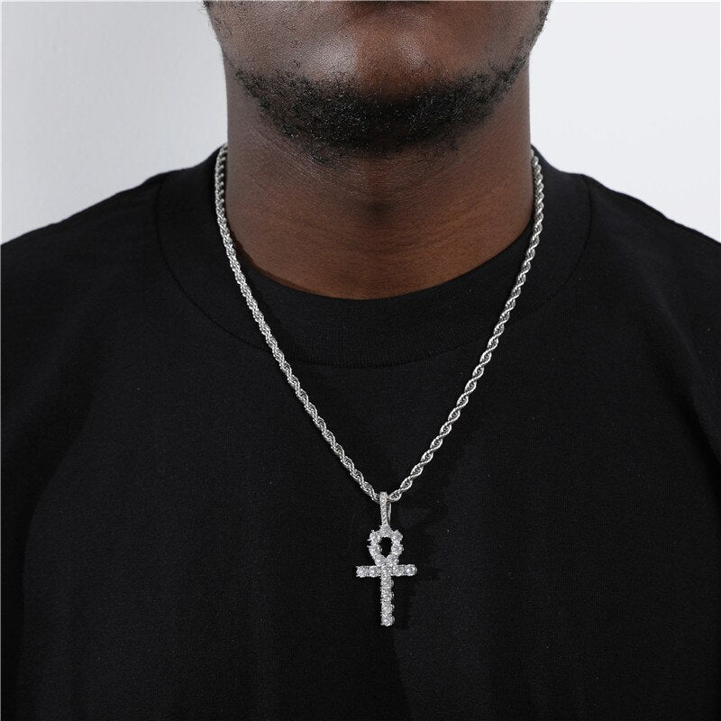 D&amp;Z White Gold Ankh Pendant Iced Out CZ Stones Mens Micro Paved AAA CZ Hip Hop Gold Silver Color Charm Chains Jewelry Gift