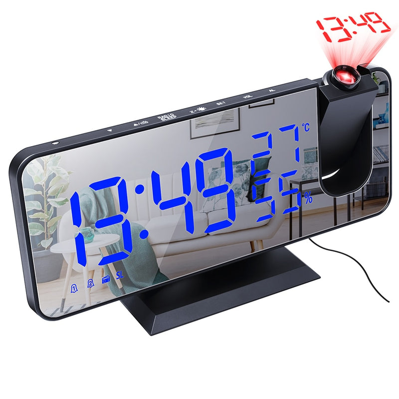 3 Color LED Digital Alarm Clock Radio Projection With Temperature And Humidity Mirror Clock Multifunctional Bedside Time Display