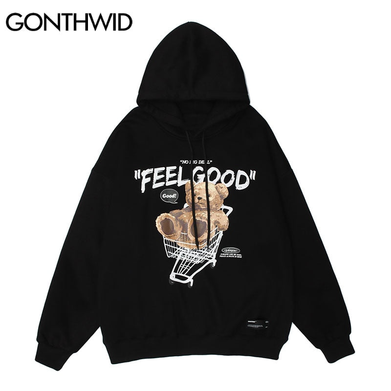 GONTHWID Men Hip Hop Hoodie Sweatshirt Streetwear Funny Bear Print Hooded Harajuku Winter Cotton Fleece Pullover Khaki Black