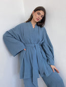 100% Baumwolle Damen Nachthemd Robe Pyjama Sets Flare Nachthemd Hosenanzüge Tropfenärmel Set Frau 2 Stück Bademantel für Frauen
